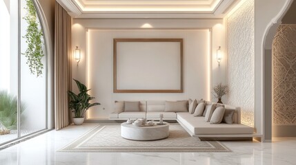 Elegant living room with beige sofa, Moroccan design, and large frame.