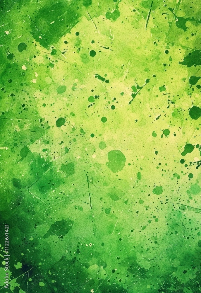 Poster a bold green watercolor background with splashes of color and irregular shapes, ideal for a dynamic 