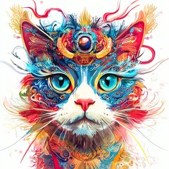 A vibrant, artistic representation of a colorful cat with striking blue eyes.