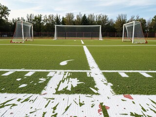 Fototapeta premium Football field with peeling paint and rusty goals, equipment, metal