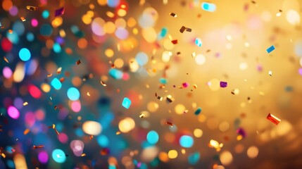 A festive and colorful party with flying neon confetti on a golden background