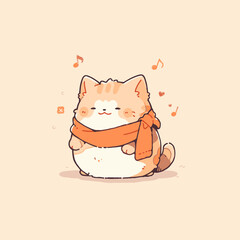 Obraz premium Adorable Cat with Scarf and Music Notes in Pastel Style. Vector Cute Cat.
