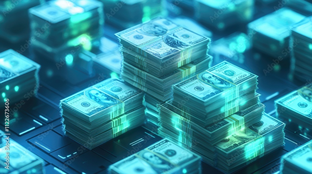 Poster conceptual image of an ai network generating stacks of cash, symbolizing monetary growth.