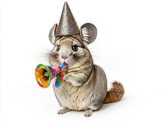 Chinchilla CelebratingFluffy Pet in Glittery Party Hat Indoor Party Scene Adorable Animal Portrait Joyful Atmosphere Playful Concept