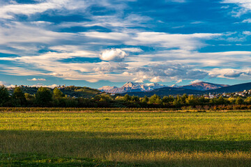 Colorful sunset in the vineyards at the border between Italy and Slovenia
