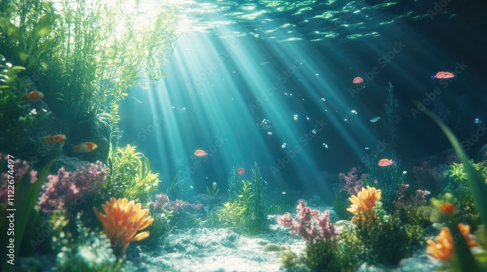 Poster crystal-clear underwater scene with sunlight rays breaking through the surface, creating a serene at