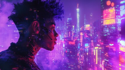 A futuristic man with purple, spiky hair is in a beautiful and colorful neon light cyberpunk city at dawn,