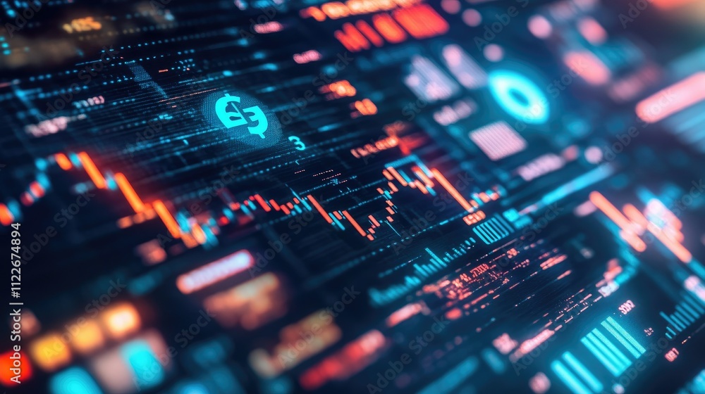 Poster digital brain surrounded by glowing financial graphs and currency symbols, representing ai-driven pr