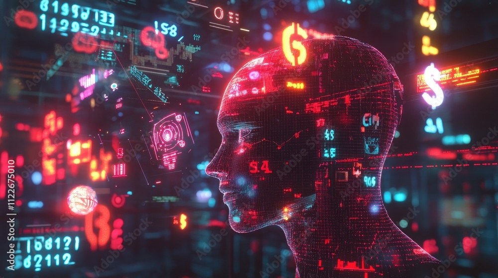 Aufkleber dynamic image of ai holograms interacting with currency symbols and stock market graphics.