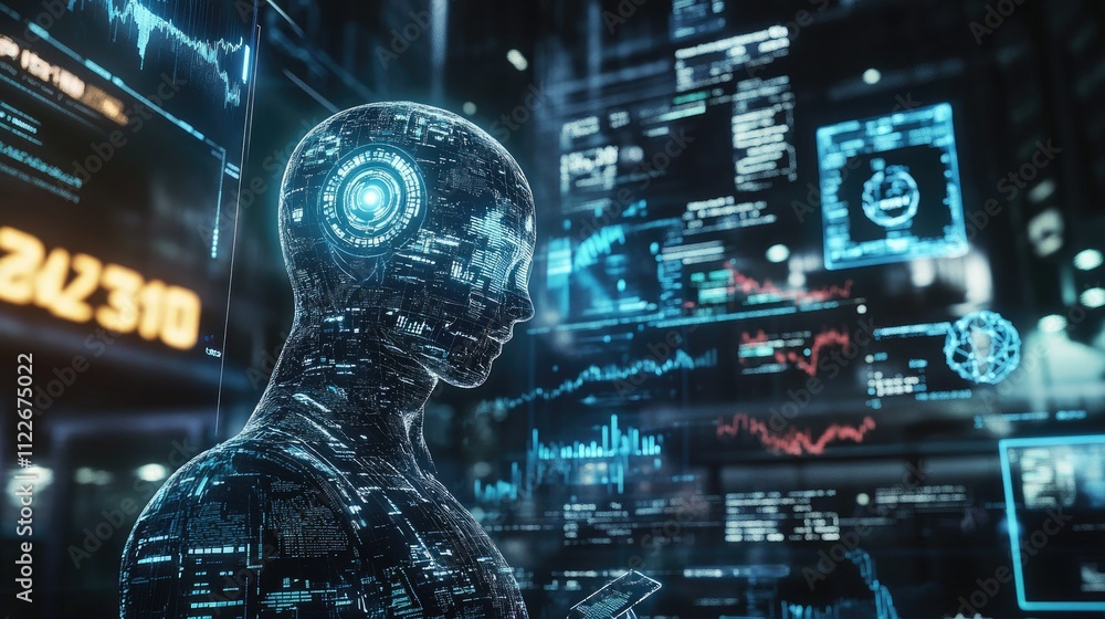Poster dynamic image of ai holograms interacting with currency symbols and stock market graphics.