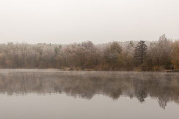 Panorama on the Grube Fernie on a cold, foggy and grey morning in Autumn 2024, Gro&szlig;en-Linden, Hessia, Germany