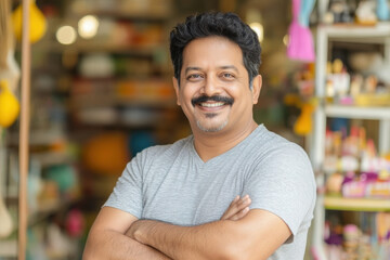 Obraz premium A happy Indian business owner standing in front of his shop, selling various home products and stationery items