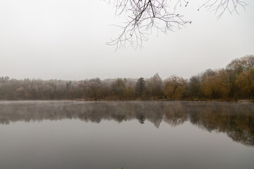 Panorama on the Grube Fernie on a cold, foggy and grey morning in Autumn 2024, Gro&szlig;en-Linden, Hessia, Germany