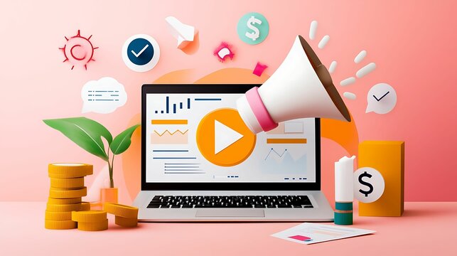 Inbound Process. A colorful illustration of digital marketing concepts featuring a laptop, megaphone, charts, and symbols representing growth and engagement.