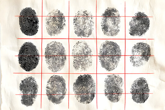 Grid of fingerprint samples for forensic analysis, crime investigation, identification process, biometric data collection, criminal forensics, and law enforcement study