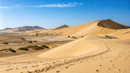Golden sand dunes against a clear blue sky, dunes, natural, open, beach, landscape