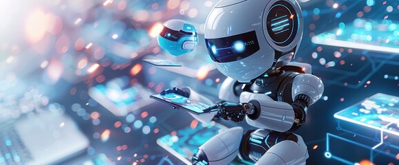 Fototapeta premium Futuristic Robot Using Tablet in Digital World