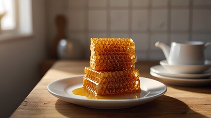 A plate of honeycomb sits on a wooden table. The honeycomb is piled on top of another honeycomb, creating a stack. The scene is set in a kitchen, with a cup and a spoon nearby