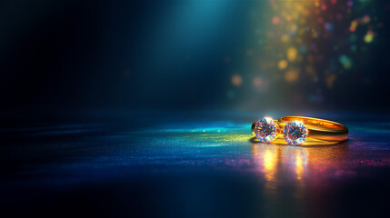 Valentine's Day and LGBTQ concept. Two luxury diamond rings on a dark blue floor with shiny rainbow light, copy space. Love is love.  Generative AI.