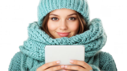 Cozy Winter Reading, woman in teal knit attire smiling, holds tablet, evoking warmth, seasonal joy and technology blend Isolated on white background or PNG