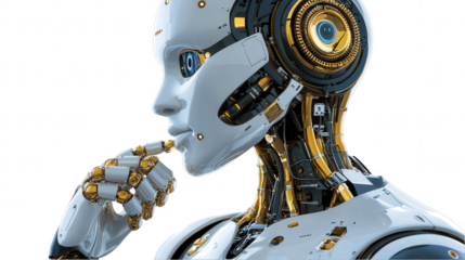 Thinking Robot, contemplating figure in futuristic design, intricate mechanical details, advanced AI concept. Isolated on white background or PNG