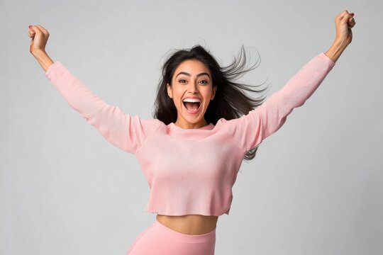Young happy indian woman raised hand and jumping