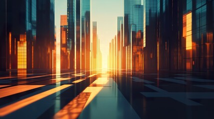 Sunrise cityscape, futuristic architecture, city street, skyscrapers, golden hour light, urban landscape, reflections.