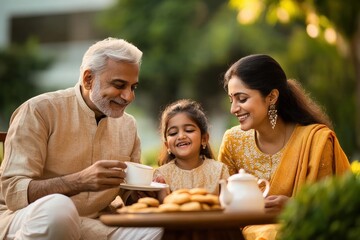 A happy modern indian happy family enjoying an outdoor dinner, surrounded by nature.