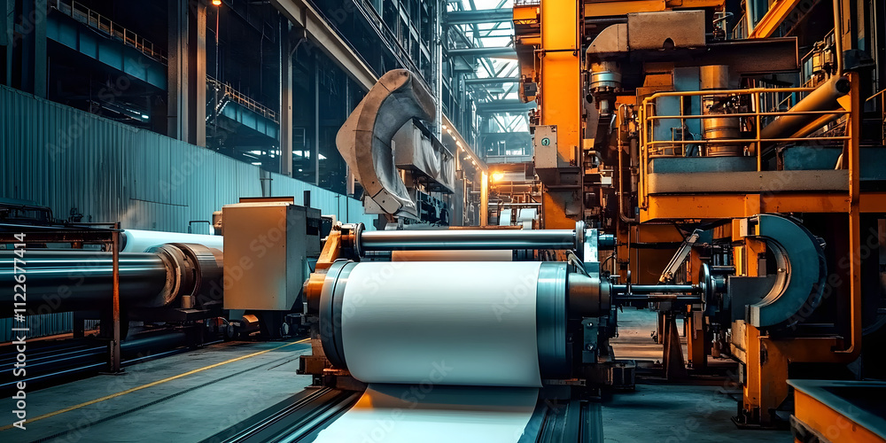 Poster paper being produced in a mill with machines converting pulp into rolls. generative ai