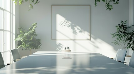 White Conference Table with Chairs, Plants, and Sunlight Streaming Through a Window