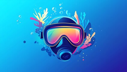 A flat vector logo of a scuba diving mask, an underwater scene, a blue background
