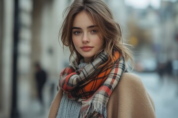 Fototapeta premium Graceful Young Woman in Beige Coat with a Plaid Scarf