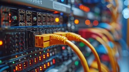 Naklejka premium Information Technology Network: Ethernet Cables Connected to Internet Switch in Data Center for Connectivity and Data Transmission