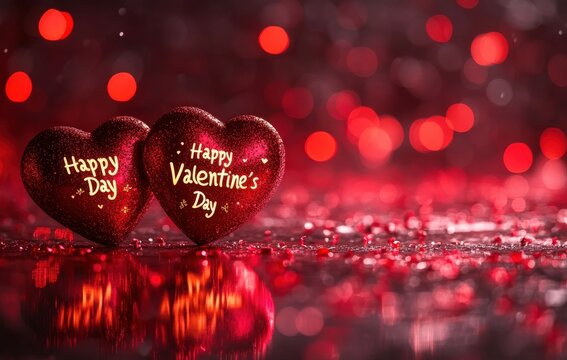 Fototapeta Romantic Valentine's Day image featuring two red glitter hearts with "Happy Valentine's Day" and "Happy Day" inscriptions, reflected on a sparkling surface with a bokeh background.