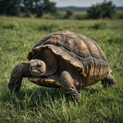 Obraz premium A tortoise slowly walking through a grassy field.