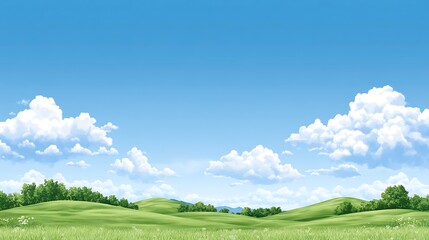 Fototapeta premium A Scenic View of Green Rolling Hills Under a Bright Blue Sky with Fluffy White Clouds
