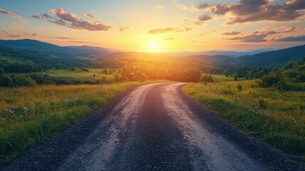 Fototapeta premium Serene Country Road Winding Through Green Hills and Fields Under a Beautiful Sunset with Dramatic Sky and Warm Glow Illuminating the Landscape