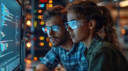 Professional Male and Female Programmers Collaborating on Software Development, Problem Solving, and Database Design in a High-Tech Office