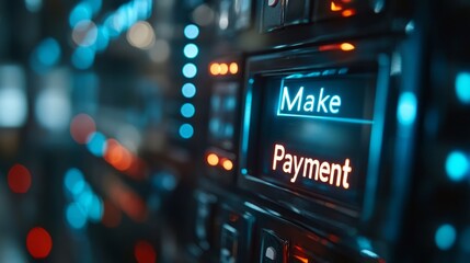 tax submit compliance payment. A close-up of a digital interface featuring the buttons "Make" and "Payment," highlighted with blue and orange lights, suggesting a payment processing system.
