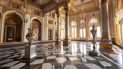 Fototapeta premium A grand palace interior, showcasing luxurious architecture and historical art, reflecting the opulence and cultural heritage of ancient royalty