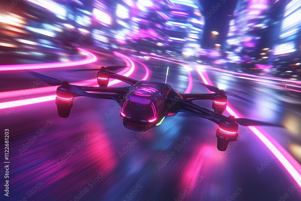 Poster a drone racing through an illuminated urban course with bright neon trails