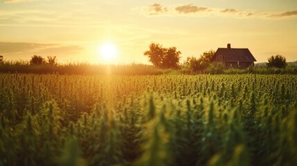 A green hemp field in the rays of the setting sun, with a farmer's house on the horizon. Legal cultivation of marijuana for medicinal raw materials.