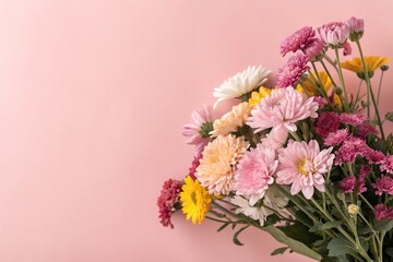 Fototapeta premium Pastel pink background with a cluster of colorful blooms, fresh flowers, bright hues, vibrant blooms, wildflowers