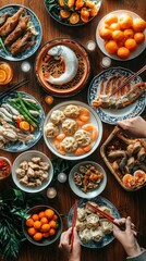 Delicious Chinese New Year Feast Dumplings Fish Mandarin Oranges