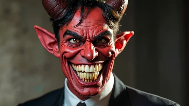 A sinister devil in a strict suit. A deceptively terribly smiling horned businessman.