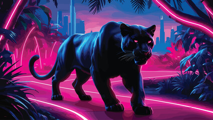black panther on the road and follows the jungle and city art Digital lion art illustration image