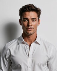 Obraz premium Handsome male model in a white shirt- model photography- professional portrait
