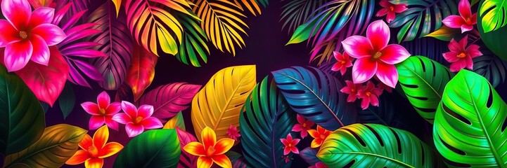 Radiant neon colors bring to life a whimsical scene featuring oversized tropical leaves and bright floral patterns, bright, design