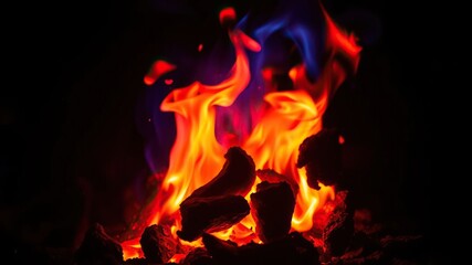 red fire, blue flame, radiant light, glowing ember, warm glow, intense heat, blazing inferno, smoldering coals, fiery passion, burning fire, hot sparks, radiant warmth,