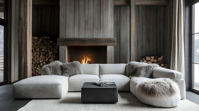 Cozy living room with modern sofa mountain cabin interior design rustic atmosphere wide angle comfort and style